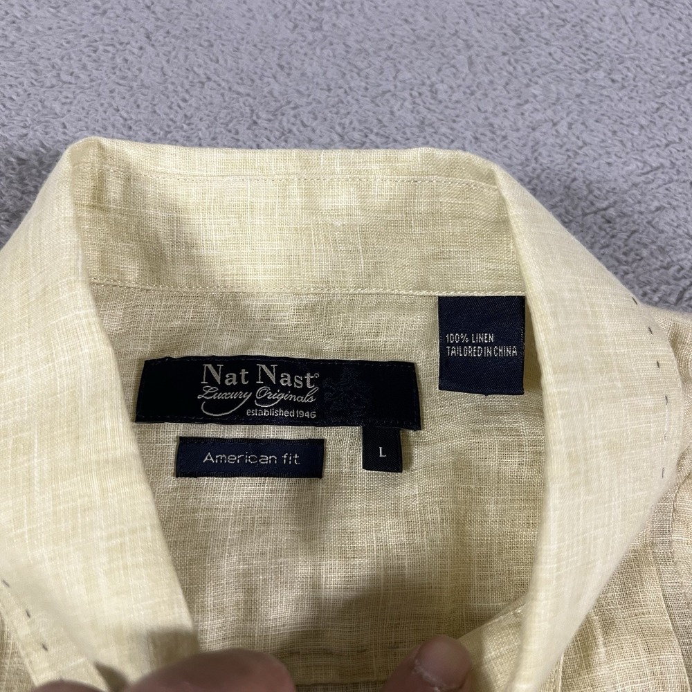 Nat Nast Shirt Mens Large Yellow Linen Button Up Short Sleeve Beach Preppy - Picture 9 of 12